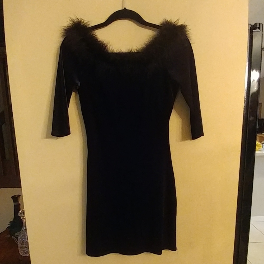 NWOT Black Velvet and Feather Dress
